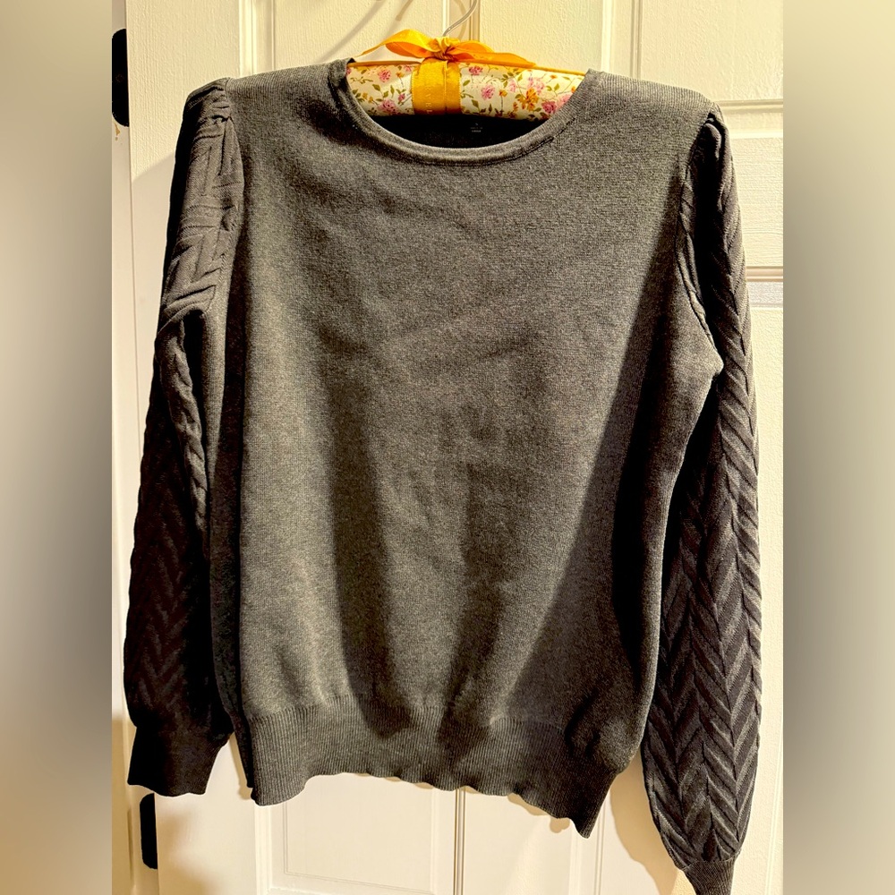 Gray textured sleeve sweater worn 1x